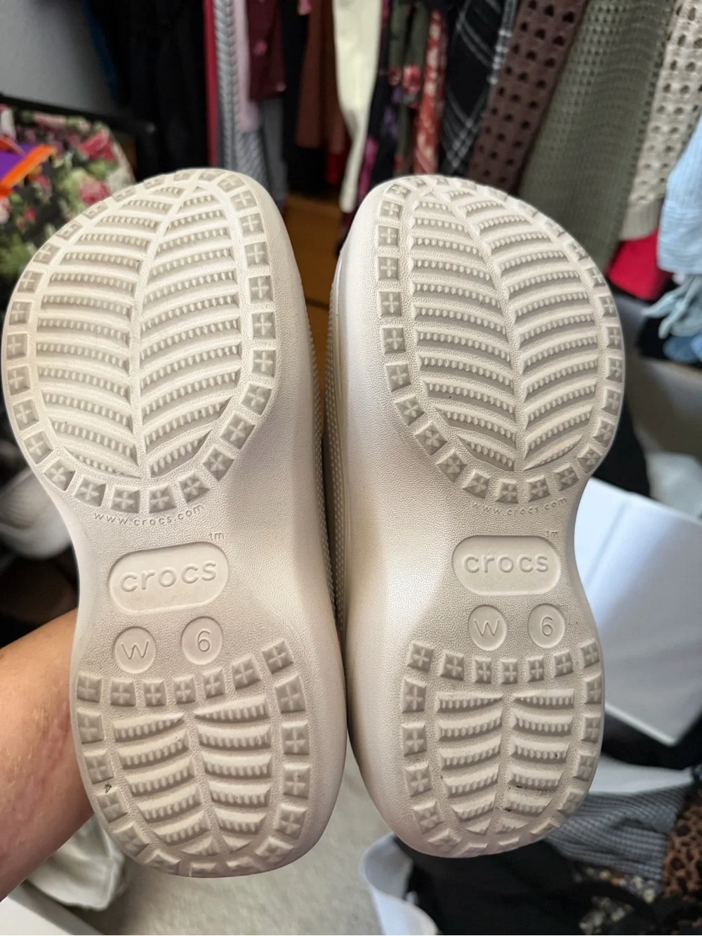 CROCS Beige Platform Sandals with Orange Buckle Accents